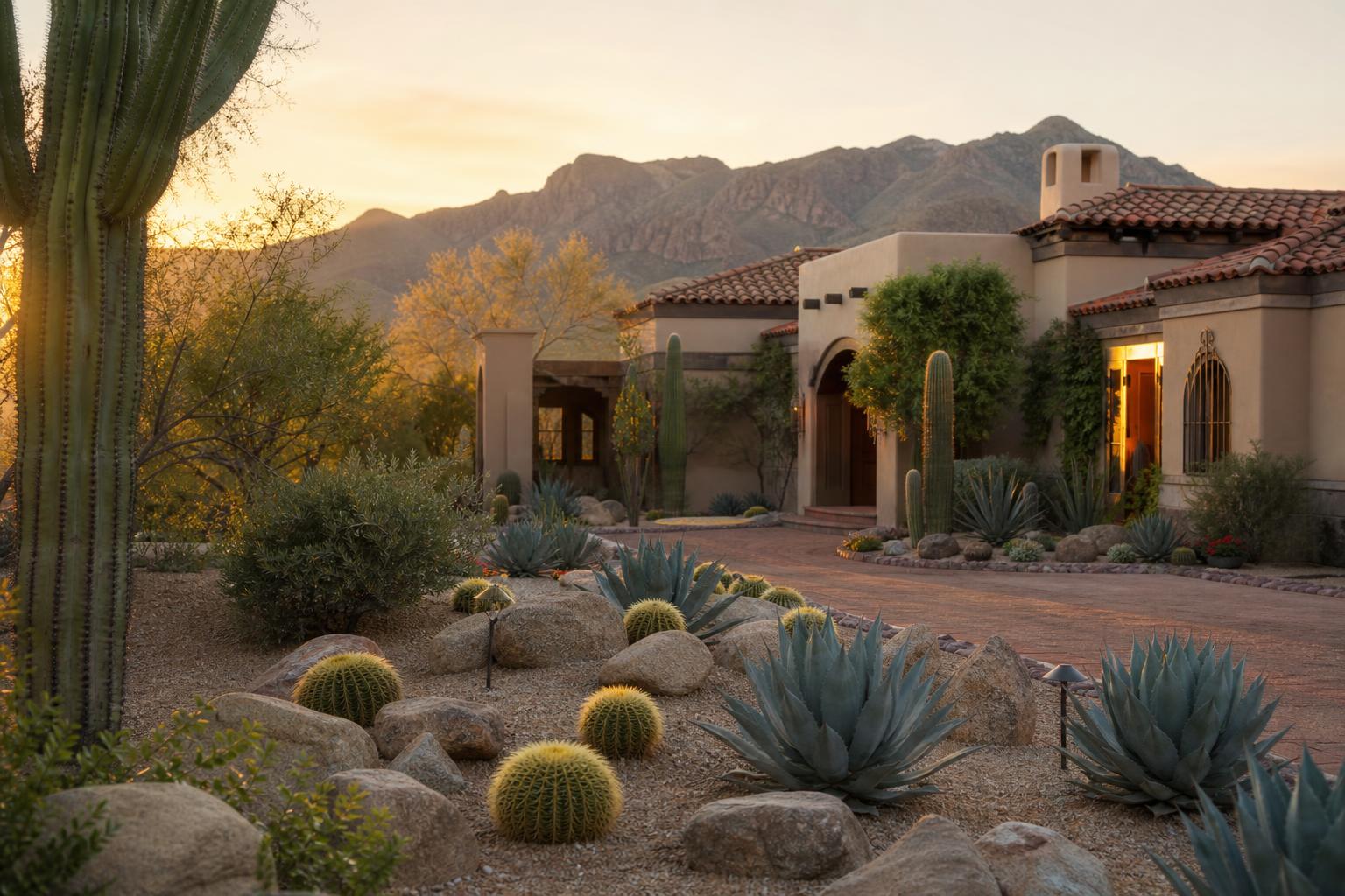 Beautiful desert landscape with saguaro cacti and an adobe home at sunset
